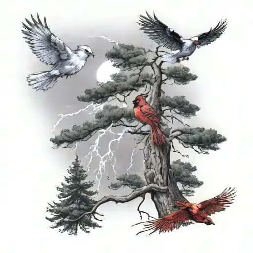 lightning striking around 3 cardinals flying above a sequoia tree tattoo design idea