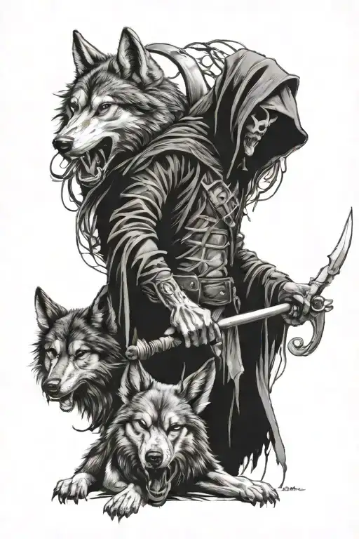 Reaper holing 3 wolf's tattoo design idea