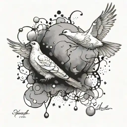 arm tattoo with clouded background with scattered bubbles (some big, some small) and two small doves and writing tattoo design idea