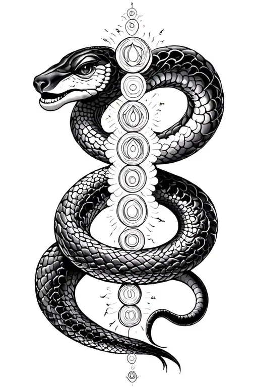 Kundalini snake and the seven chakras intertwined tattoo design idea