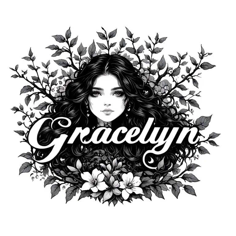 the name 'Gracelyn' hidden among trees, vines, flowers, etc tattoo design idea