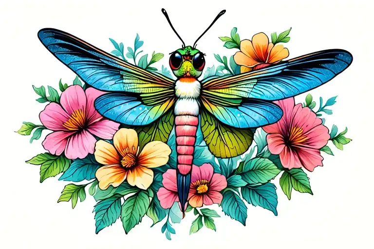 BUTERFLY, DRAGONFLY, HUMMING BIRD, FLYING, SMAL FLOWERS tattoo design idea