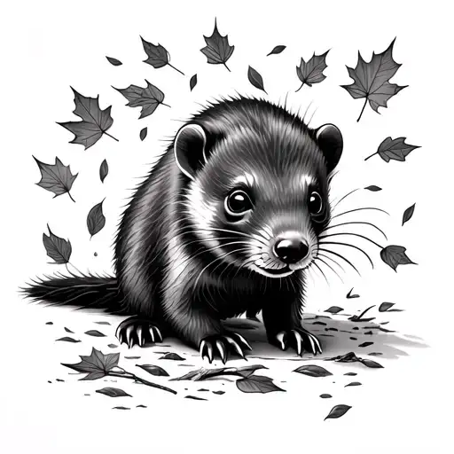 an American mink playing with falling leaves tattoo design idea