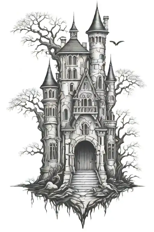 vampire castle in the forest tattoo design idea
