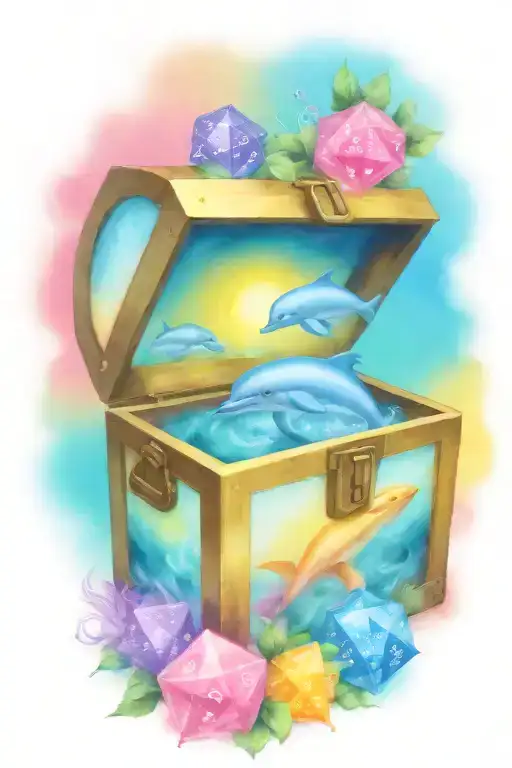 treasure chest smoking with ideas: Dolphins, D20 dice, Paint brushes tattoo design idea