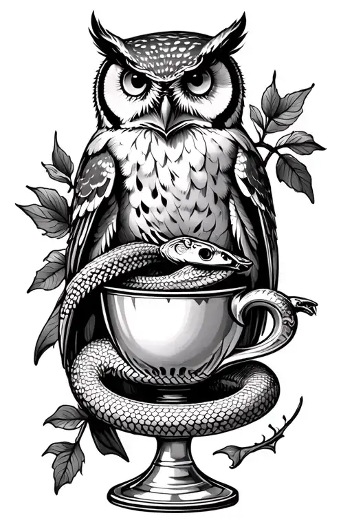 owl perched on cup of hygeia snake chalice tattoo design idea