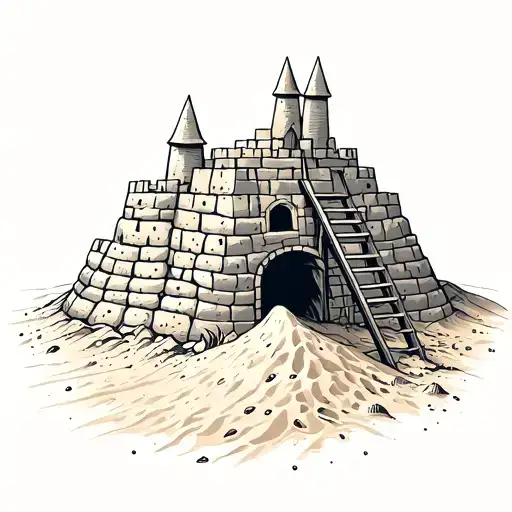 sand castle in progress with ladder leaning on it. surrounded by sand tattoo design idea