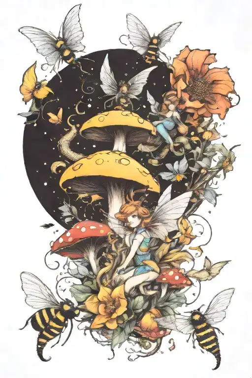 fairies, moons, dragons, mushrooms and bees flying tattoo design idea