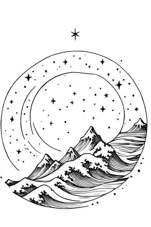 galaxy filled with stars, mountains, the ocean wave working together tattoo design idea