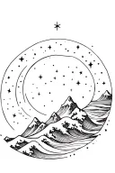 galaxy filled with stars, mountains, the ocean wave working together tattoo design idea