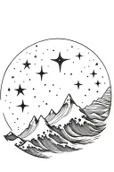 galaxy filled with stars, mountains, the ocean wave working together tattoo design idea