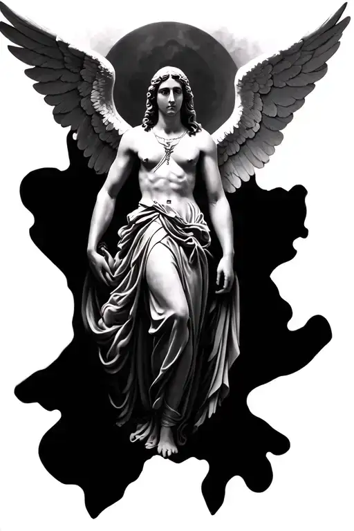 full sleeve black and white with angel symbolism including archangel michael tattoo design idea