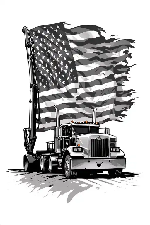peterbilt, excavator, American flag tattoo design idea