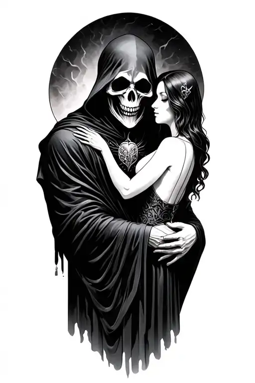 Fantasy style dark art grim reaper holding his eternal forbidden love as if it’s the last time they will hold eachother  tattoo design idea