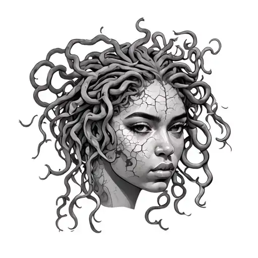 African American woman phenotype medusa head with cracks in face tattoo design idea