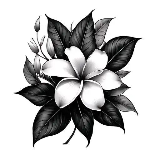 Black and white tattoo of a vertical abstract frangipani with leaves on a woman’s cleavage tattoo design idea