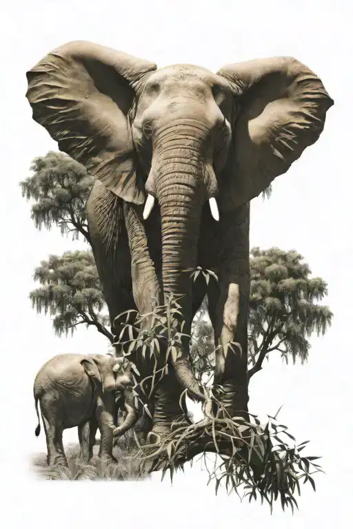 realistic elephant with weeping willow tree  tattoo design idea