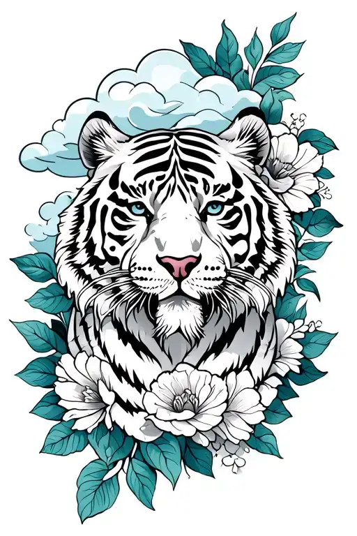 floral and cloud on upper arm to fit with tiger on forearm and own on inner bicep tattoo design idea