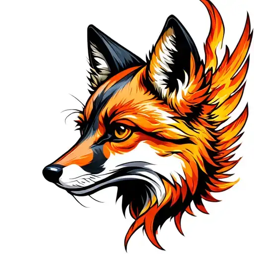 Melanistic Cross Fox head mixed with Phoenix rising from ashes facing forward tattoo design idea