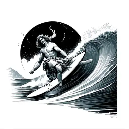 saint christopher surfing thru a wave tattoo design idea