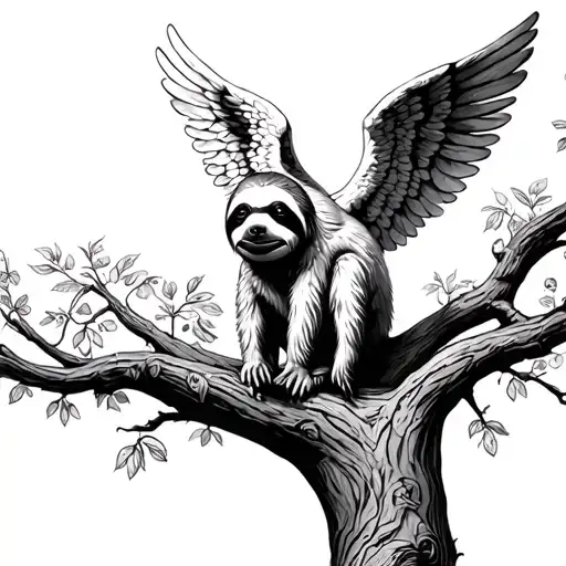 angel sloth looking down at sloth in tree from heaven tattoo design idea