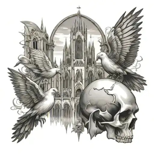 skulls ,gothic cathedral,doves ,dažbog tattoo design idea