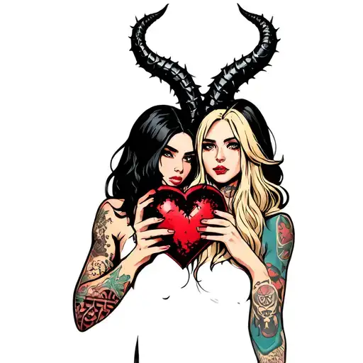 black thorny heart being held by a blonde with horns and a beautiful girl with black hair no horns with tattoos tattoo design idea