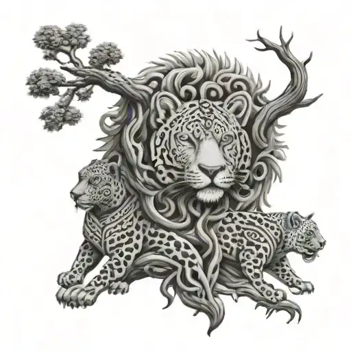 Lebanese cedar tree intertwined with Aztec jaguar tattoo design idea