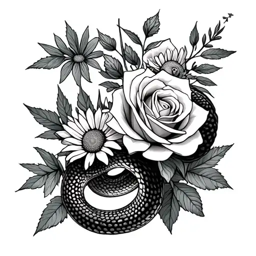 snake roses daisies and weed leaves intertwined tattoo design idea