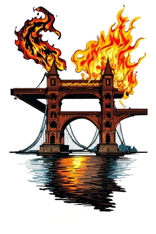 burning old bridge tattoo design idea