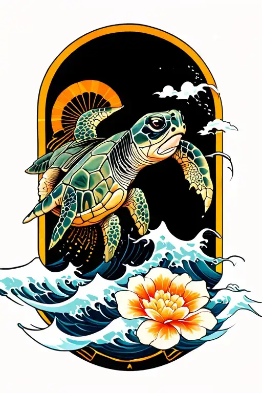ocean waves sea turtle japanese fans tattoo design idea