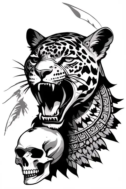 Aztec jaguar warrior with a skull coming out of its mouth tattoo design idea