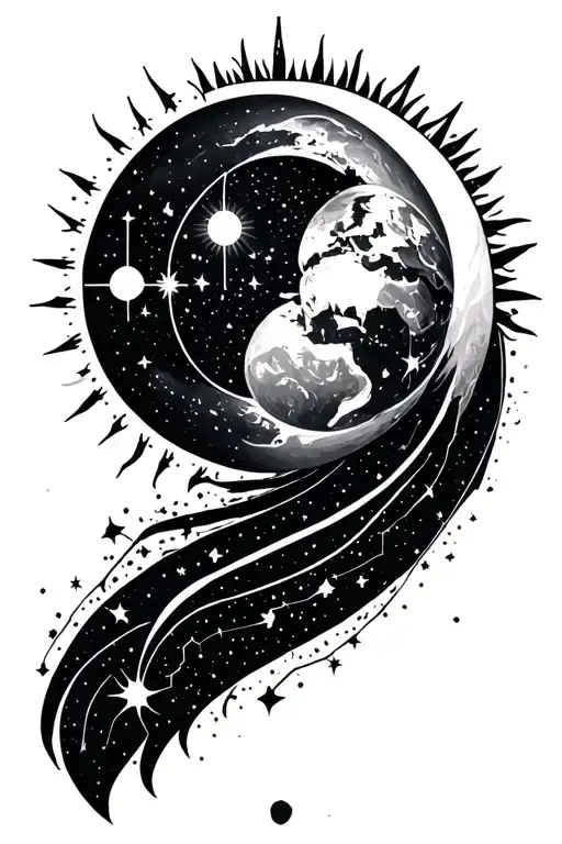 sun moon and earth with Gemini, Libra, Capricorn and Sagittarius constellations  tattoo design idea
