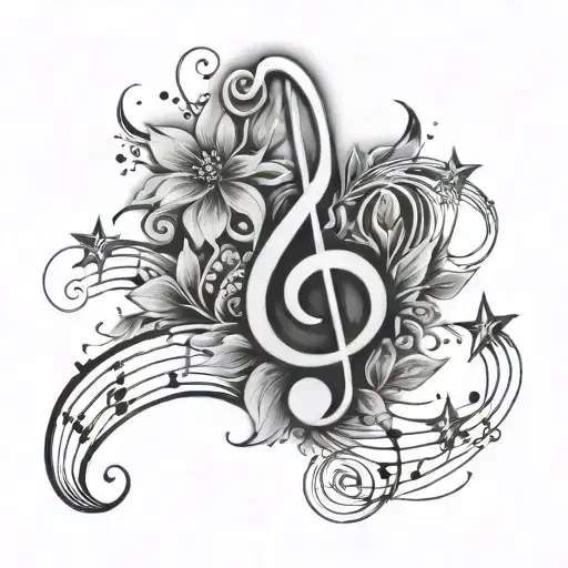 music note with pretty flowers and stars tattoo design idea