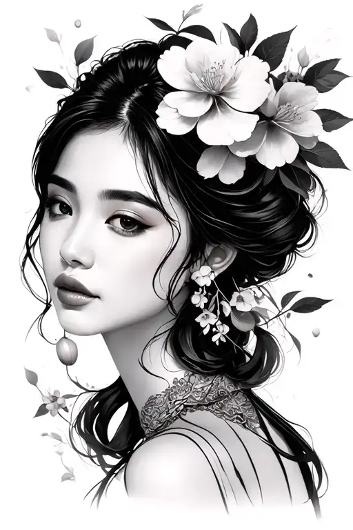 korean women cherry blosms tattoo design idea
