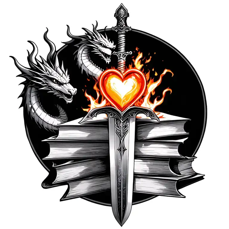 Verticle long Sword into stack of books. Heart on fire on sword hilt. Dragon and wyvern in backgrounds tattoo design idea