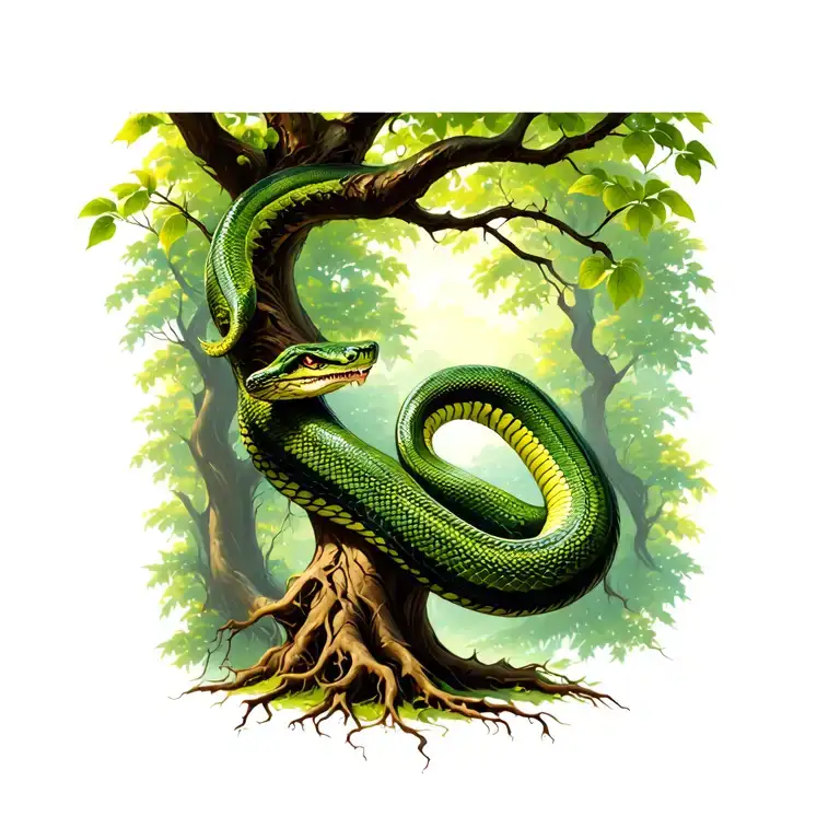 snake climbing tree with a rise vine wrapped around the trunk and roots reaching deep tattoo design idea