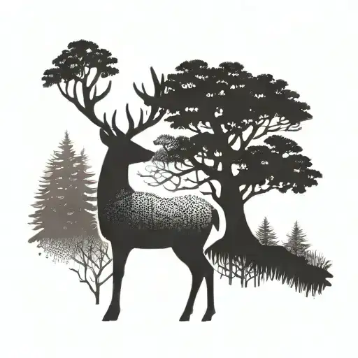 A linework silhouette of a deer in a forest setting, representing the client's love for hunting and nature tattoo design idea