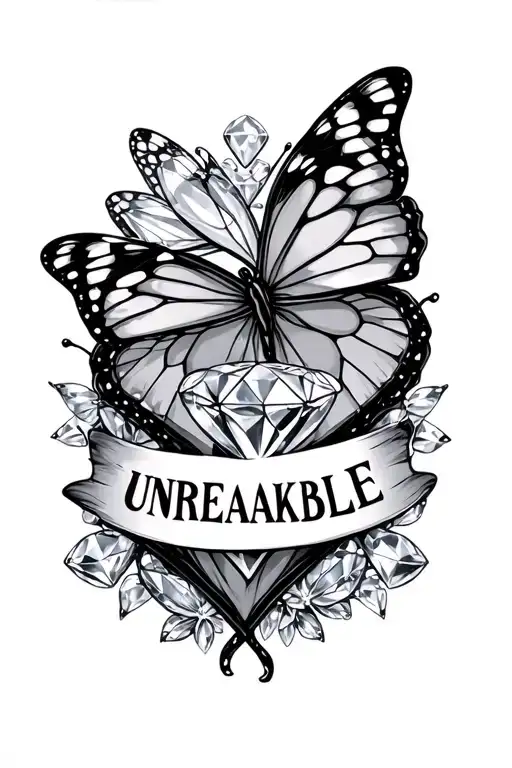 Diamonds and butterflies intertwined hearts surrounding the word UNBREAKABLE tattoo design idea