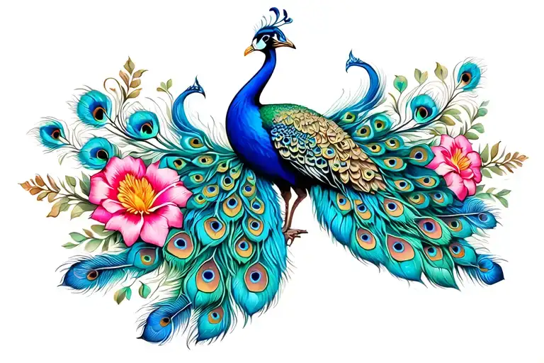 Highly detailed and realistic peacock tattoo design for back, full body of peacock with elegant, colorful feathers flowi tattoo design idea