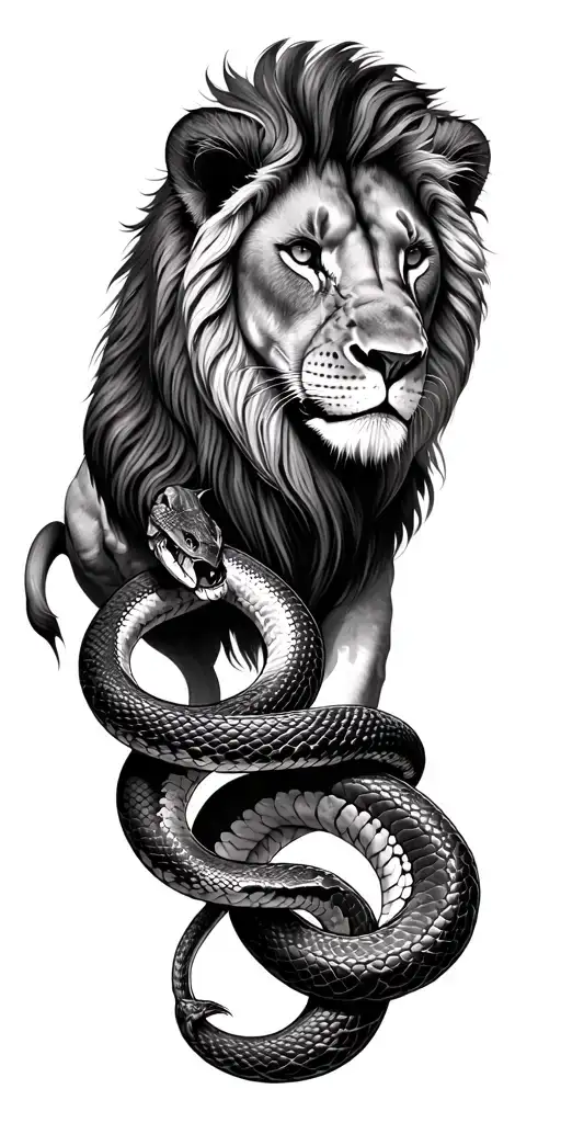  realism lion top left of bicep, on the right a snake looking directly at the lion and the snake wraps around my current tattoo design idea