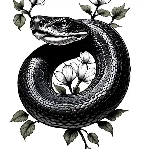 snake intertwined with tree flowers biting its tail tattoo design idea
