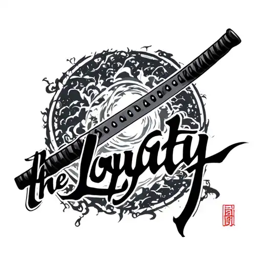 a katana with writing in Japanese "the loyalty" tattoo design idea
