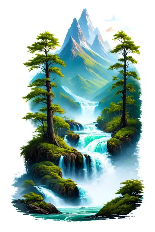 mountains and waterfall surrounded by lush greenery tattoo design idea
