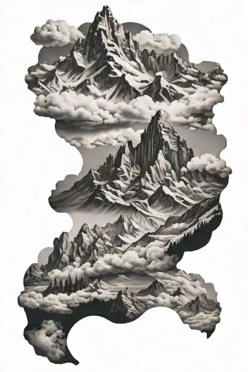 black grey mountians using negative space clouds inside tattoo design idea