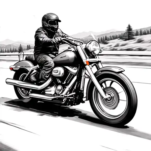 A full black-and-white arm sleeve of a motorcycle cruiser, cruising down the highway on a scenic road at the end of the  tattoo design idea