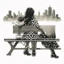 Silhouette of a mother and daughter sitting in a Bench. in the Skyline is the libra  tattoo design idea