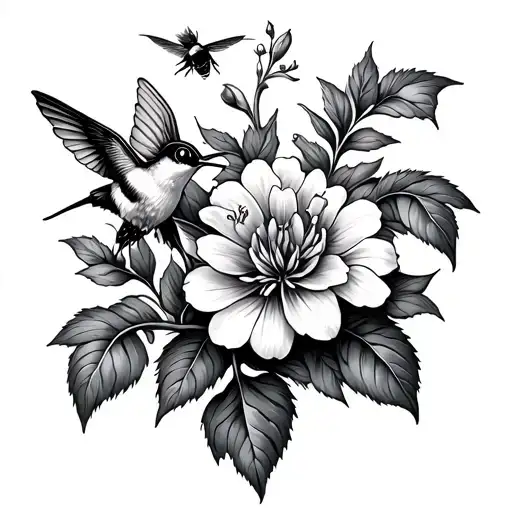 wisterias with hummingbird hovering bee surrounded by swirling tattoo design idea