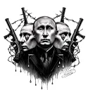 Putin with 3 faces and 6 eyes surrounded by tears, barbed wire guns and criminal symbols tattoo design idea