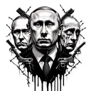 Putin with 3 faces and 6 eyes surrounded by tears, barbed wire guns and criminal symbols tattoo design idea